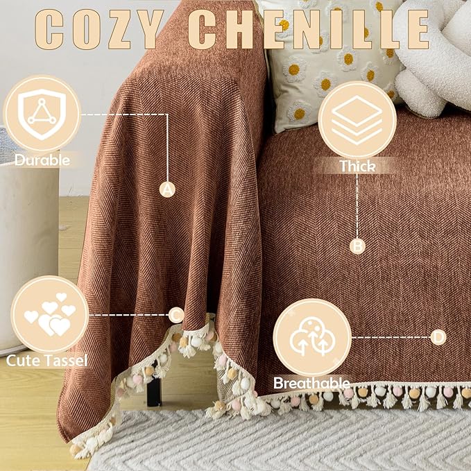 HANDONTIME Boho Style Sofa Cover with Tassels, Washable & Non-Slip Couch Cover for 3 Cushion Sofa, Herringbone Pattern Pet-Friendly Sofa Slipcover, Chocolate Color, 91"x150", Living Room Decor