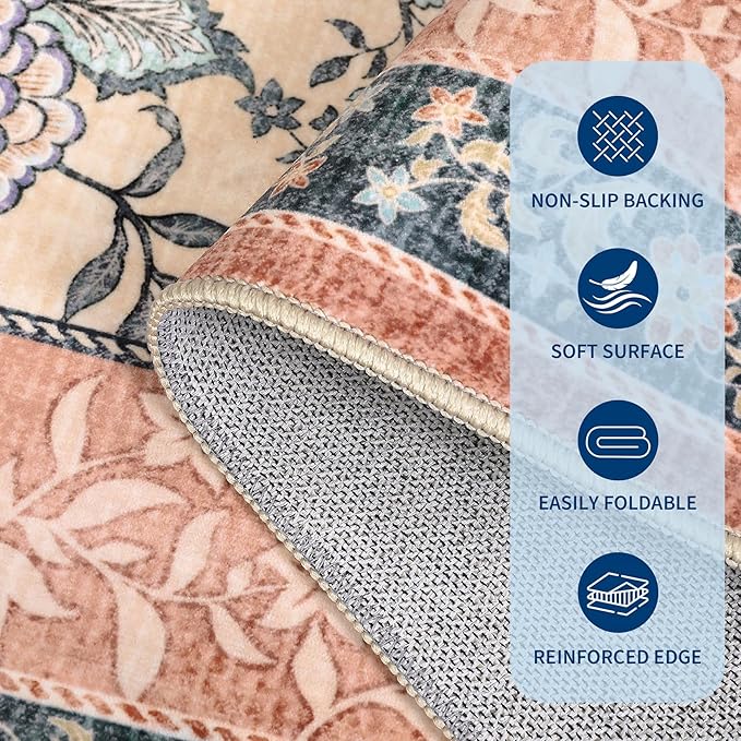 GarveeHome Terracotta Teal Washable 6x9 Area Rugs, Botanical Grove Vintage Cottagecore Non-Slip Rug for Living Room Bedroom Nursery Kitchen Low-Pile Retro Large Carpet