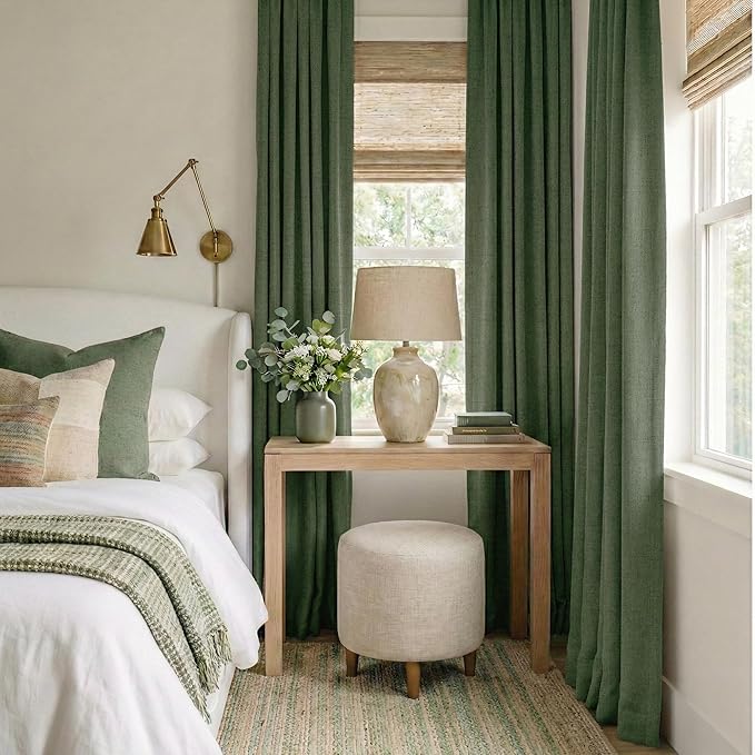 RYB HOME Olive Green 100% Blackout Linen Curtains 96 inches Long, Luxury Thermal Insulated Room Darkening Drapes for Living Room/Bedroom/Sliding Doors, Back Tab&Rod Pocket, W52xL96, 2 Panels
