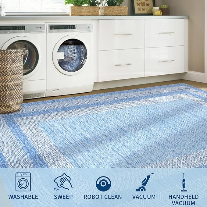 GarveeHome Small Bedroom Area Rug 3x5 Bordered Area Rug for Living Room Nursery Non Slip Kitchen Throw Carpet Low Pile Modern Rugs Washable Bathroom Mat Soft Rugs for Laundry, Light Blue