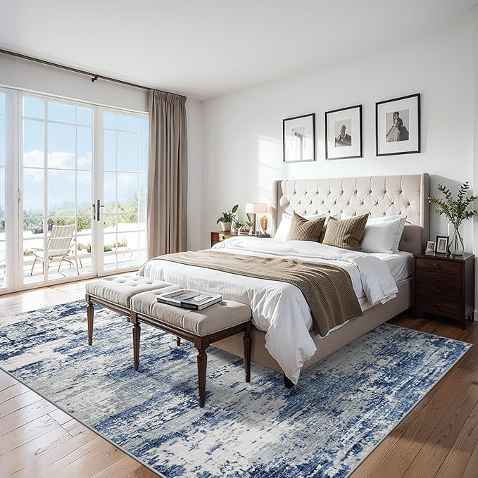 6x9 Area Rugs for Living Room - Washable Rug Modern Abstract Soft Large Neutral Non-Slip Carpet Indoor Floor Thin Carpets for Bedroom Dining Room Farmhouse Nursery Home Office Blue Gray