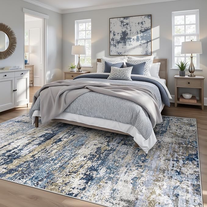 pmtsns Area Rugs 5x7 for Living Room: Washable Rug Modern Abstract Neutral Soft Non-Slip Low-Pile Indoor Carpet for Bedroom Dining Room Playroom Home Office (Blue Grey Brown, 5'x7')