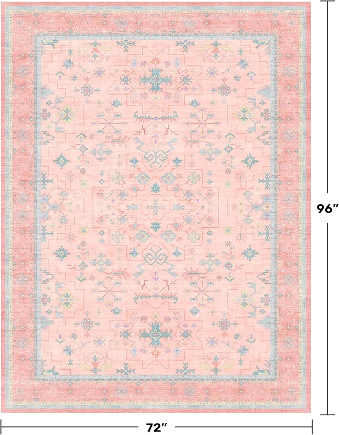 Washable Pink and Blue 6x8 Boho Rugs for Bedroom Girls, Living Room Kids Playroom Nursery Room, Modern Floral Distressed Design, Soft Low Pile Non Slip Stain Resistance Carpet