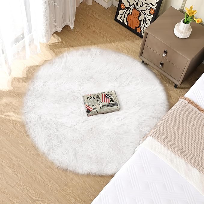 ORINOVA White Small Circle Fluffy Rugs for Bedroom Washable Faux Sheepskin Shaggy Fur Area Rugs for Living Room Round Rug 4ft Nursery Rug