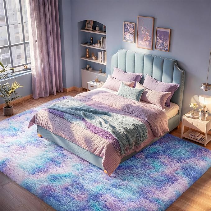Ophanie Rainbow Purple Mermaid Rugs for Living Room 6x9, Kids Fluffy Shag Fuzzy Plush Soft Carpets, Floor Shaggy Area Rugs for Bedroom, Carpet for Kids Girls Dorm Nursery Home Decor Aesthetic