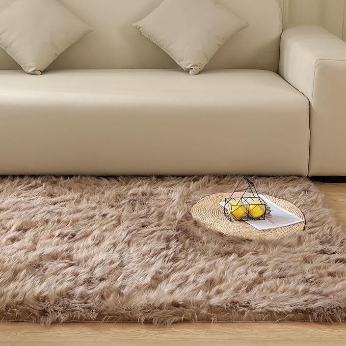 Goolela Faux Fur Rug for Bedroom 3x5 Light Brown Beige Fluffy Furry Fuzzy Sheepskin Rug Bedside Living Room Soft Rectangle