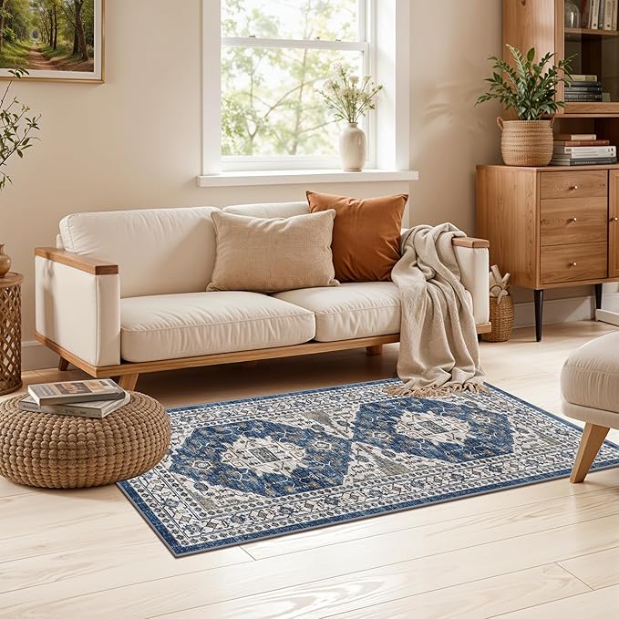 2x4 Non-Slip Entryway Area Rugs: Washable Stain Resistant Kitchen Carpet Printed Doormat Soft Low Pile Nursery Rug Vintage Small Floor Mat for Hardwood Bedroom Cozy Home Decor fot Family(2x4,Blue)