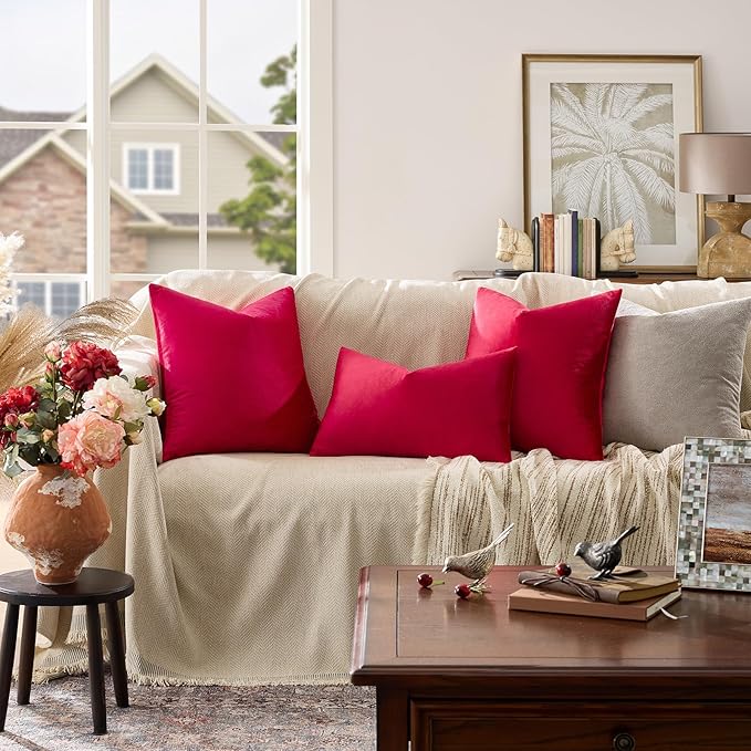 GIGIZAZA Decorative Throw Pillow Covers 16x16,Set of 2 Red Square Couch Pillow Covers,Velvet Sofa Boho Cushion Pillows
