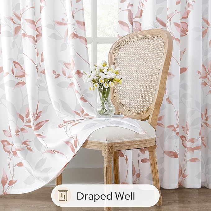 HOMEIDEAS Non-See-Through Pink and White Privacy Sheer Curtains 52 X 84 Inch Length 2 Panels, Leaf Floral Printed Light Filtering Semi Sheer Window Curtains Drapes for Bedroom Living Room