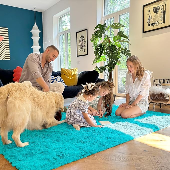 OLANLY 5x8 Machine Washable Large Area Rugs for Living Room, Bedroom, Soft Fluffy Shaggy Bedside Rug, Indoor Floor Carpet for Kids Girls and Boys, Dorms, Nursery, Home Decor Aesthetic, Teal Blue