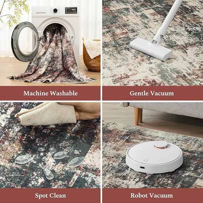 Rugflix 5x7 Area Rugs for Living Room, Washable Large Rug Stain-Resistant Low Pile, Modern Carpet for Dining Room Home Office Kid Room Nursery Bedroom, Rust
