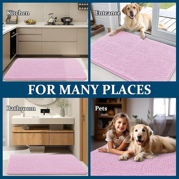 OLANLY Dog Door Mat for Muddy Paws 54x32, Absorbs Moisture and Dirt, Absorbent Non-Slip Washable Doormat, Quick Dry Chenille Mud Mat for Dogs, Entry Indoor Entryway Carpet for Inside Floor, Pink