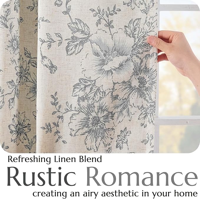 jinchan Blackout Floral Curtains for Living Room Bedroom Linen Blend Curtain Farmhouse Grey Printed with Lined Back Tab Rod Pocket Drapes Window Treatments 2 Panels 84 Inch Gray