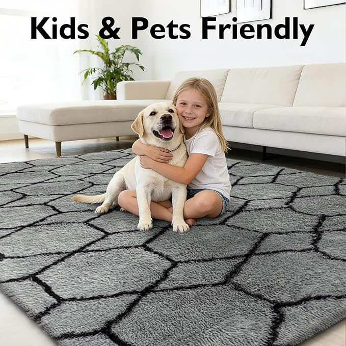 Shag Area Rug for Bedroom 4x6,Fluffy Area Rugs for Living Room,Geometric Soft Fuzzy Rug Non-Shedding Indoor Plush Carpet for Kids Bedroom Nursery Dorm Home,Grey and Black