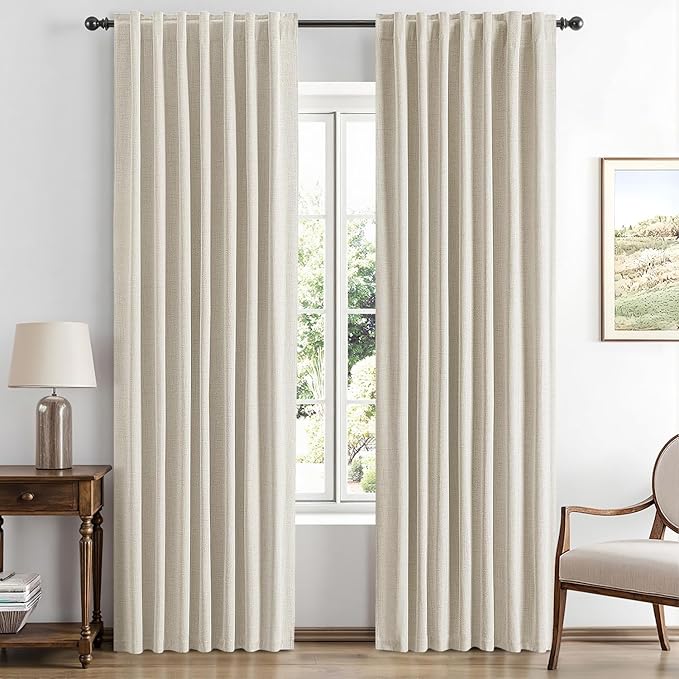 MIULEE 100% Blackout Linen Curtains for Bedroom, Linen Beige Solid Luxury Decor Thermal Insulation Room Darkening Drapes for Living Room Nursery Back Tab Rod Pocket 42 x 84 Inches, 2 Panels