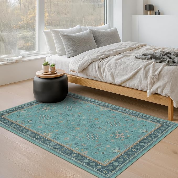 Hazo Haus Teal 3x6 Wide Non Slip Kitchen Rug - Washable Front Door Runner Indoor Entrance, Vintage Floral Pattern Indoor Decor, Non Slip Soft Low Pile Fade Resistant
