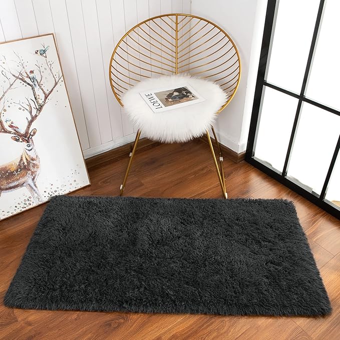 Chicrug Soft Runner Rug for Bedroom Living Room Plush Fluffy Rug 2x3 Feet, Shag Furry Runner Rugs Carpet Non Shedding for Nursery Children Kids Girls Room Home Decorative, Dark Grey