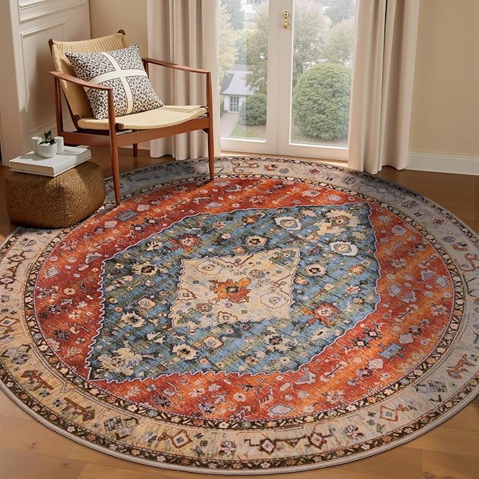 SERISSA Boho Round Area Rug, 6ft Washable Non-Slip Circle Rug, Ultra Soft Oriental Vintage Tribal Low-Pile Circular Carpet for Bedroom Entryway Kids Room Office College Dorm Living Room