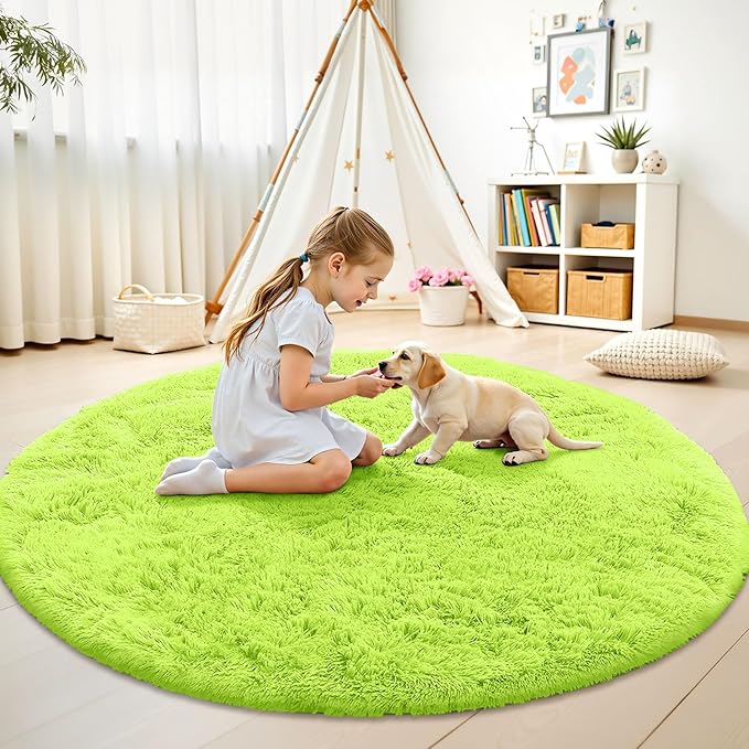 OLANLY Lime Green Round Rugs for Bedroom - Machine Washable, 6 ft Circle Area Rugs for Living Room, Soft and Fluffy Shaggy Carpet for Teen Girl and Boys, Nursery Rooms, Dorms, Home Decor Aesthetic