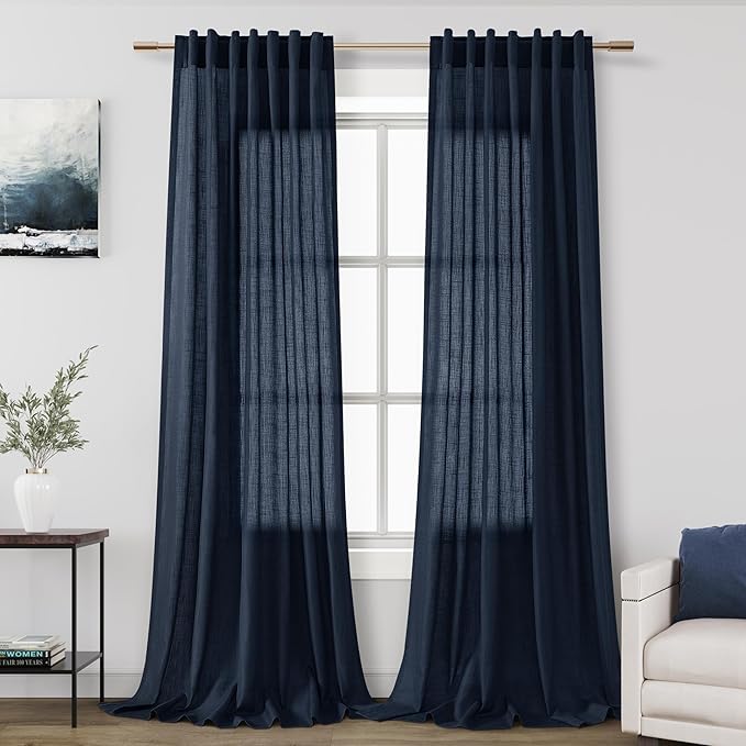 Linen Navy Blue Curtains 108 inch Extra Long for Living Room Back Tab Light Filtering Semi Sheer Drapes Modern Farmhouse Coastal Decor Textured Curtain for Floor to Ceiling High Window 52x108