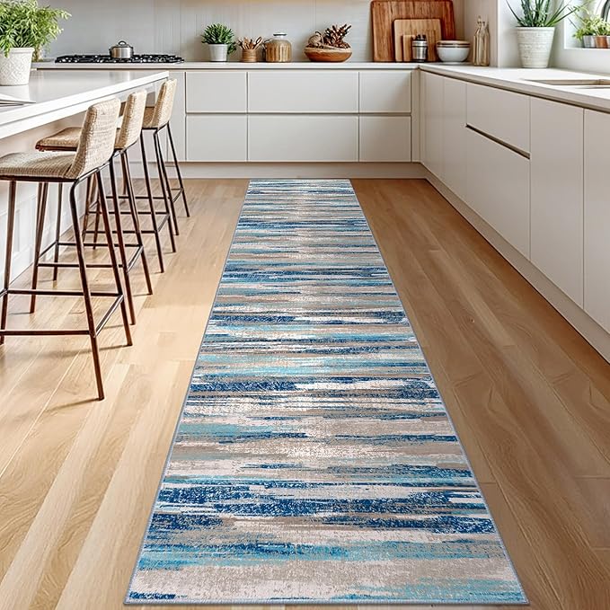 Lansny Modern Abstract Runner Rug 2.6x12, Blue Washable Long Kitchen Runner Non-Slip Soft Hallway Rug Runner Thin Print Faux Wool Carpet for Entryway Bedroom Laundry Room Indoor Home Decor