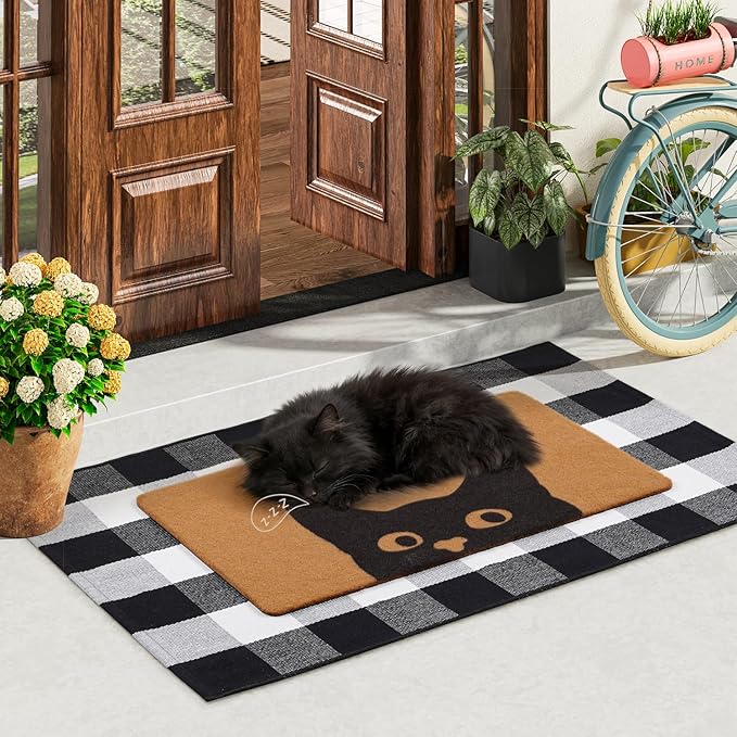 UINI Welcome Door Mat Combo Set, 28" x 43" Black and White Plaid Mat +17" x 30" Cat Welcome Mat, 2 PCS Doormat Set for Front Door, Entrance, Porch Decor, Non-Slip