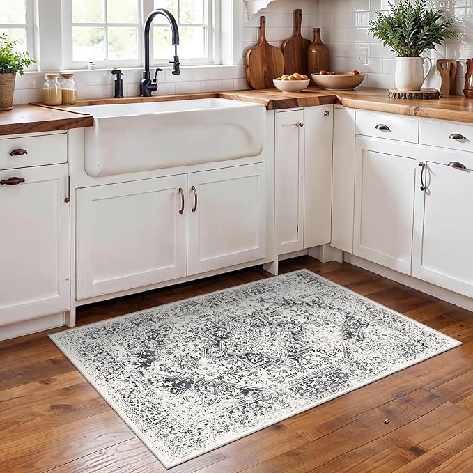 2x3 Entryway Area Rug Washable - Neutral Small Entry Rug Kitchen Rug Runner Vintage Soft Floor Mat Non Slip Indoor Farmhouse Carpet for Bedroom Bathroom Living Room (Distessed Grey)