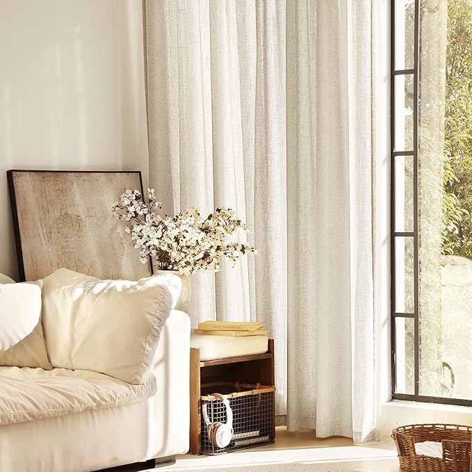 Faux Linen Beige Curtains 84 inches Long for Living Room Rustic Farmhouse Flax Linen Drapes Semi Sheer Burlap Textured Canvas Cloth Curtain Panels Set of 2 Kahki Tan