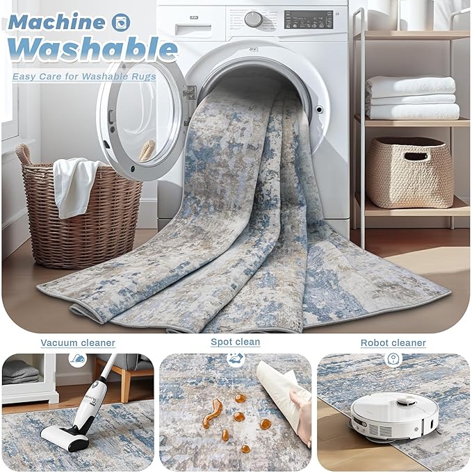 pmtsns Area Rugs 6x9 for Living Room: Washable Rug Modern Abstract Neutral Soft Non-Slip Low-Pile Indoor Carpet for Bedroom Dining Room Playroom Home Office (Light Blue Brown, 6'x9')