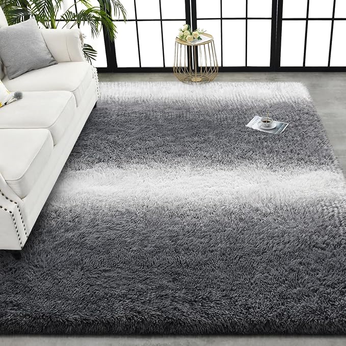 TWINNIS Super Soft Shaggy Rugs Fluffy Carpets, 5x8 Feet, Indoor Modern Plush Area Rugs for Living Room Bedroom Kids Room Nursery Home Decor, Upgrade Anti-Skid Rectangular Fuzzy Rug, Grey White