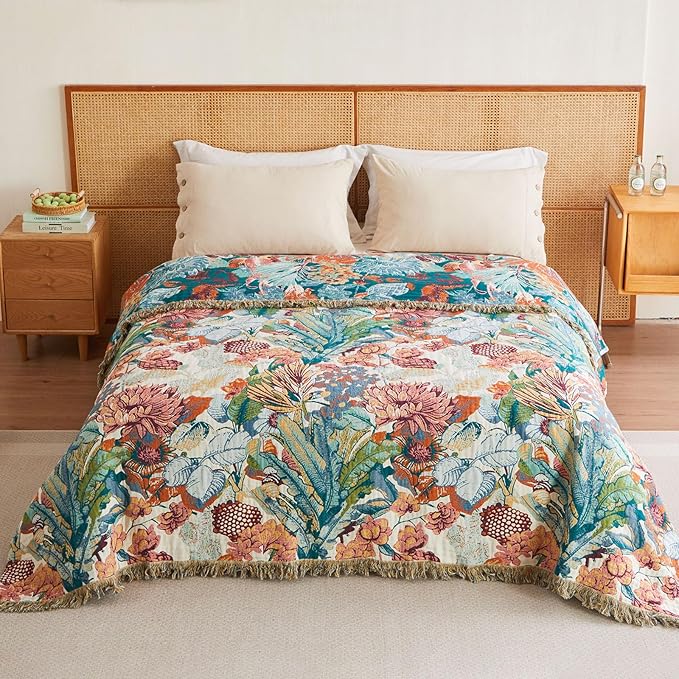 MSGKV Boho Throw Blanket for Couch 100% Cotton Floral Blanket 50"x60" Sofa Bed Chair Blanket All Seasons Farmhouse Muslin Spring Breathable Lightweight Blankets Home Decor