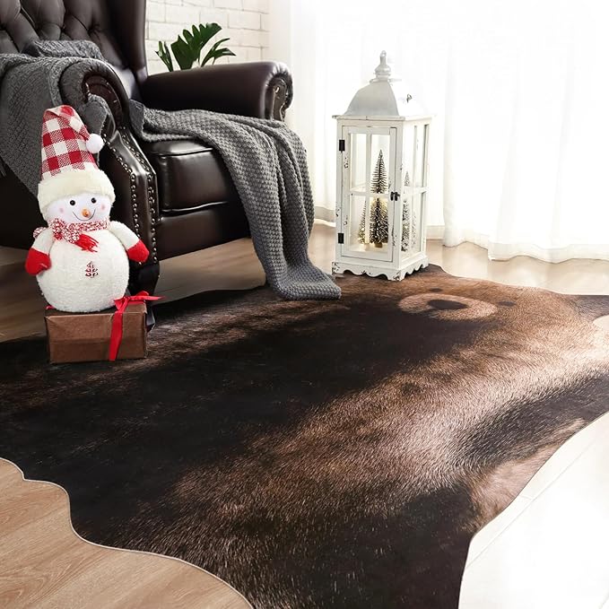 AROGAN Premium Bear Print Rug 4.6x5.2 Feet, Machine Washable Faux Fur Rug, Non-Slip Animal Print Hide Bear Skin Area Rug for Bedroom Living Room Home Decor