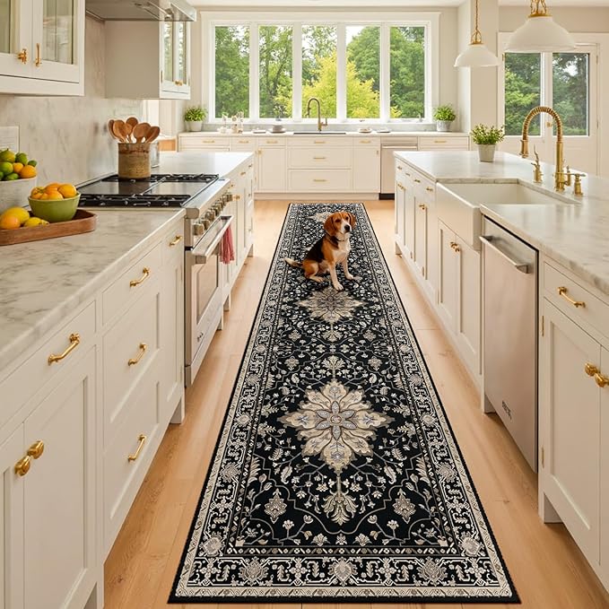 Area Rugs 2'x10' Runner Rug Non Slip Washable for Kitchen Hallway Bedroom Beside Laundry Room Bathroom Rug, Floor Carpet, Black Brown Neutral Dark Tan