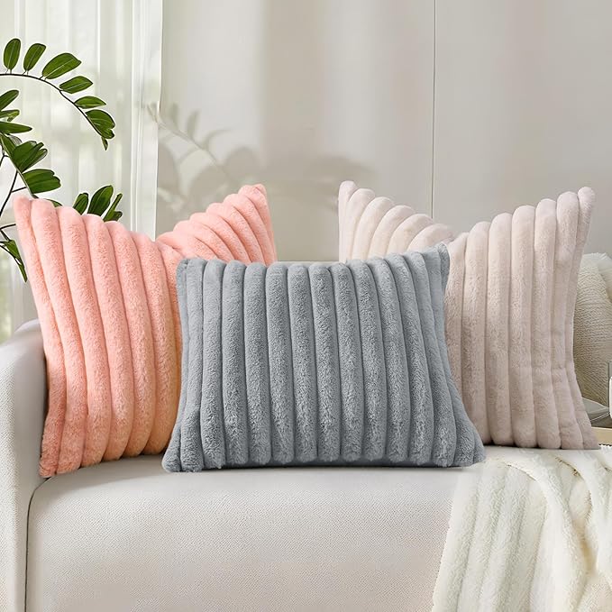 decorUhome Cozy Faux Fur Throw Pillow Covers 12x20 Set of 2 Decorative Soft Plush Striped Lumbar Modern Farmhouse Boho Couch Pillow Cases with Velvet Back for Sofa Bed Living Room, Grey
