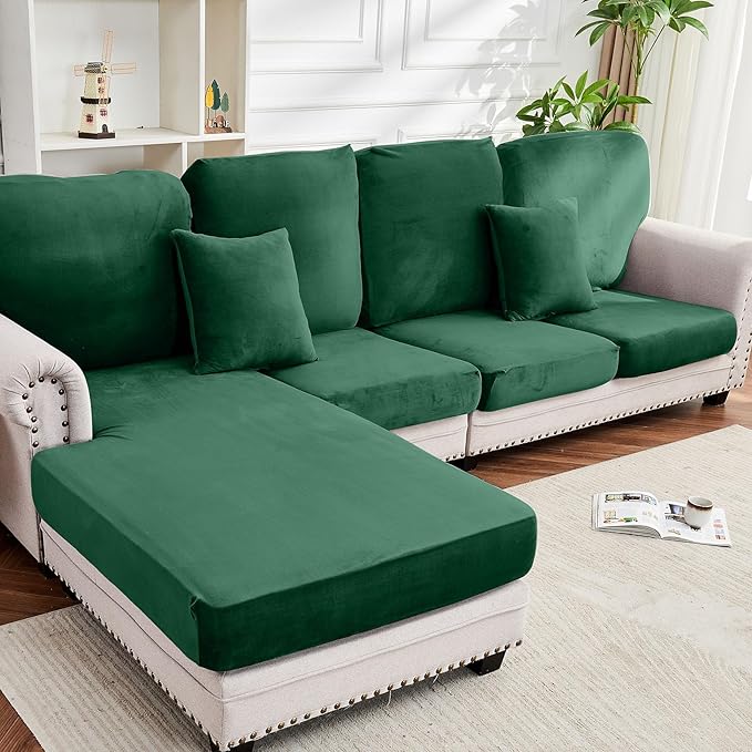 Couch Cover 8-Piece Elastic Velvet Couch Cushion Covers & Chaise Slipcovers for L-Shaped Sofas, Sofa Seat Covers Washable, Soft Cover for Couches (7 Seater + Chaise, Christmas Green)