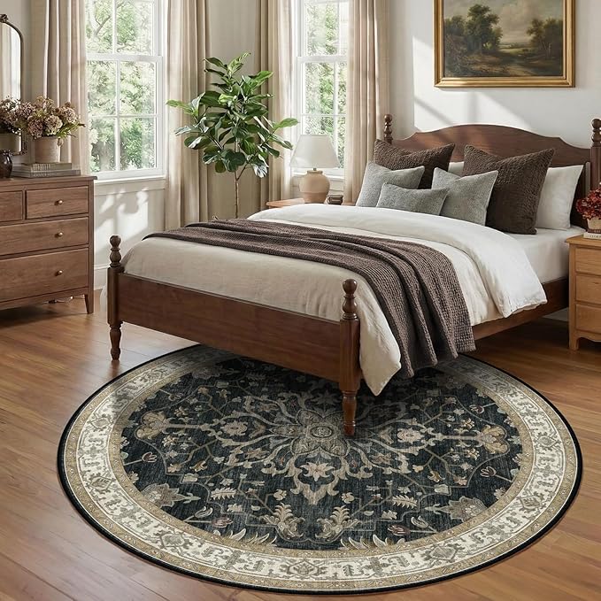 Area Rugs Round 8ft Washable Non-Slip, Floral Vintage Distress Print Pattern Medallion Carpet for Living Room Bedroom Dining Room, Vintage Black Brown Neutral