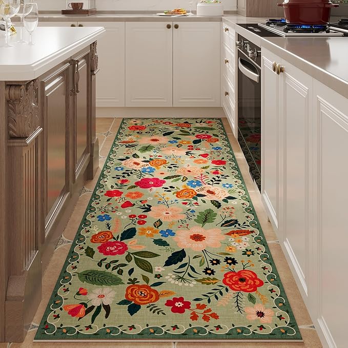 Rugcomf Runner Rug for Hallways Kitchen Rug Non Slip 2'6''x8' Washable Runner Rugs with Rubber Backing Soft Floral Carpet Runner for Hallways, Kitchen, Laundry, Bedroom, Bathroom(Green)