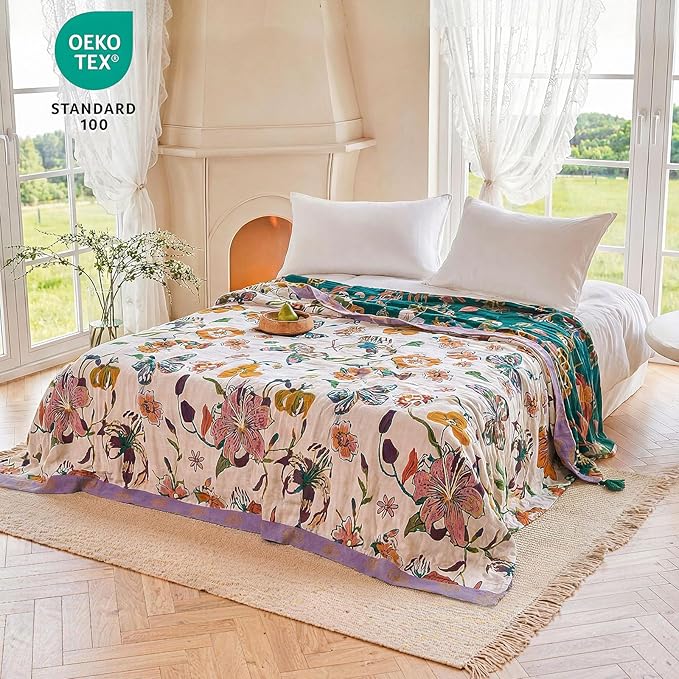MSGKV Boho Throw Blanket 60"x80" Floral Blanket for Bed Couch 100% Cotton Spring Breathable Lightweight Farmhouse Twin Blankets All Seasons Home Decor Muslin