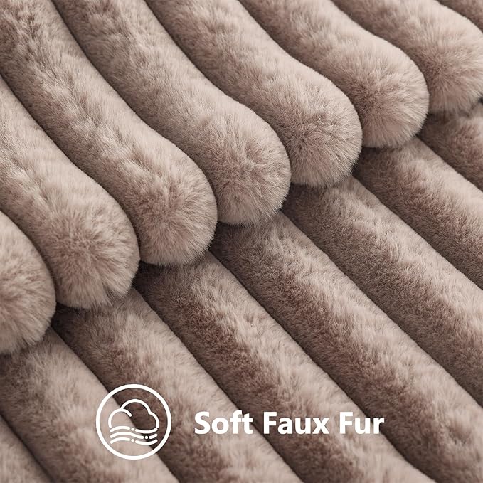 decorUhome Cozy Faux Fur Throw Pillow Covers 12x20 Set of 2 Decorative Soft Plush Striped Lumbar Modern Farmhouse Boho Couch Pillow Cases with Velvet Back for Sofa Bed Living Room, Light Coffee