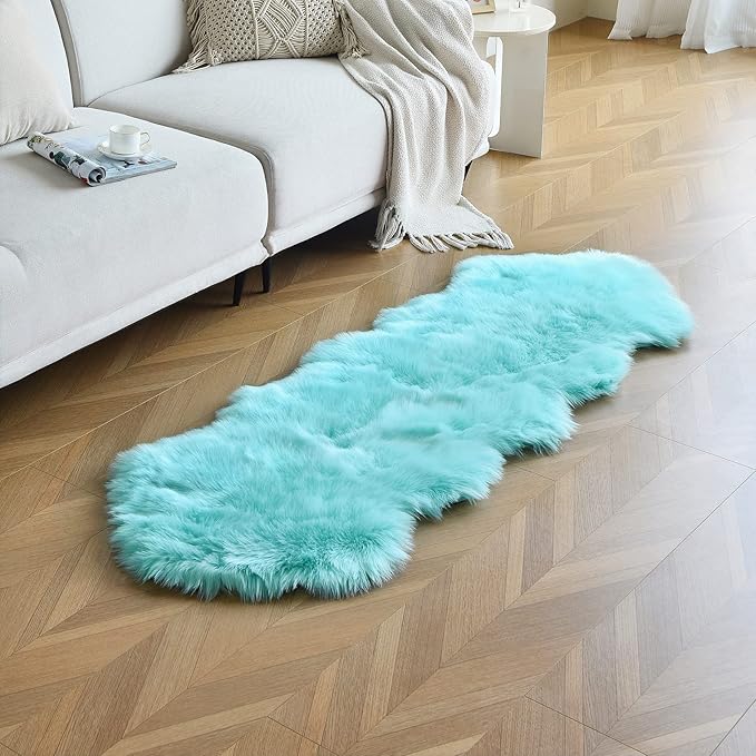 duduta Turquoise Blue Faux Sheepskin Runner Rugs 2x6 ft, Fluffy Shag Bedroom Rug Fur Sofa Couch Covers Washable