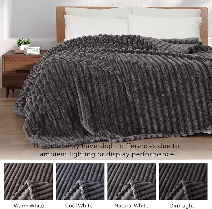 Exclusivo Mezcla King Size Flannel Fleece Blanket, Super Soft Striped Jacquard Bed Blanket, Lightweight Fuzzy Cozy for All Seasons, 90x104 Inches, Dark Grey