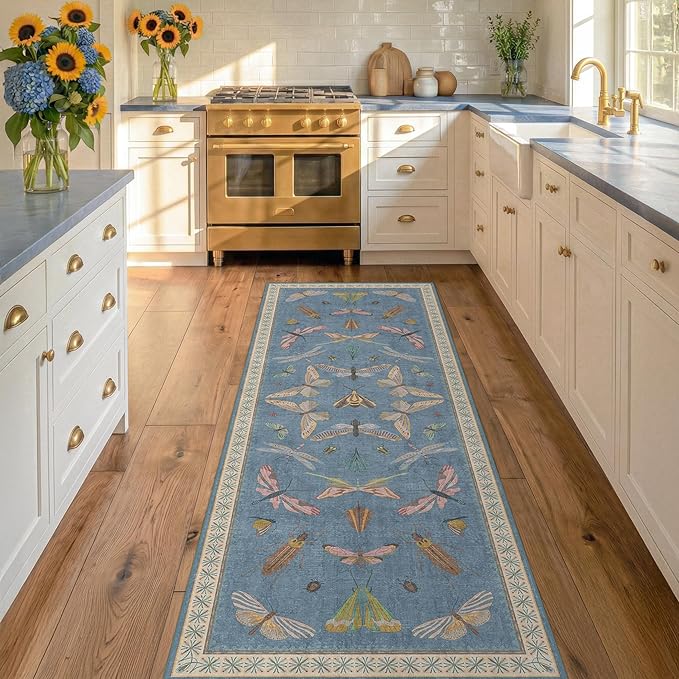 Hazo Haus Boho Non Slip Kitchen Rug Runner - 2x6 Blue Washable Rug for Bathroom, Laundry Room, Hallway, Non Slip with Rubber Backing, Insect Print Unique Runner