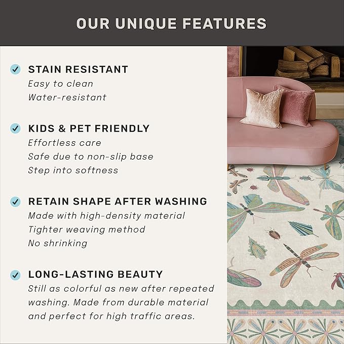Hazo Haus Sage Green Rugs for Bedroom Under Bed - 6x9 Area Rug for Living Room, Dining Room, Kids Playroom, Fun Insect Cute Décor,Ultra Soft Non Slip Stain Resistant
