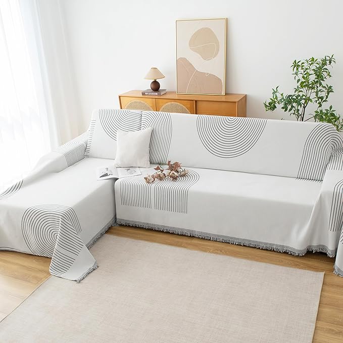 Couch Cover for Dogs, Boho Sofa Covers for 3 Cushion Couch, Chenille Sofa Slipcover for Pets Washable, L-Shape Sectional Couch Loveseat Cover Soft Throw Blankets with Tassels(91x134,Arc Grey)