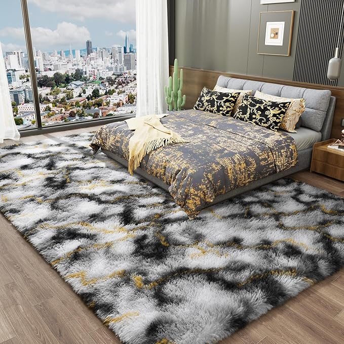 LOCHAS Ultra Soft Indoor Modern Area Rugs Fluffy Living Room Carpets for Children Bedroom Home Decor Nursery Rug 5x8 Feet, Grey-Gold