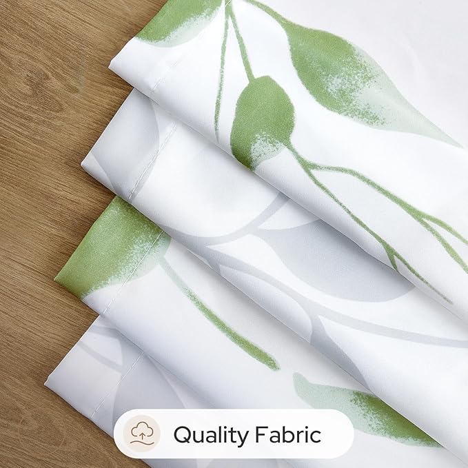 HOMEIDEAS Non-See-Through Sage Green and White Privacy Sheer Curtains 52 X 63 Inch Length 2 Panels, Leaf Floral Printed Light Filtering Semi Sheer Window Curtains Drapes for Bedroom Living Room