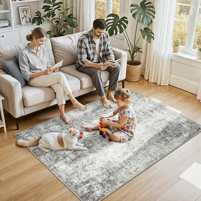 Washable Area Rugs 4'x6' Non-Slip Modern Abstract Soft for Living Room Entryway Bedroom Nursery, Print Pattern, Gray White Grey