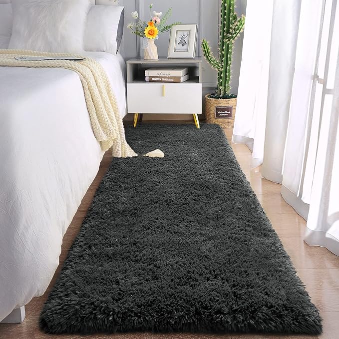 Chicrug Soft Runner Rug for Bedroom Living Room Plush Fluffy Rug 2x3 Feet, Shag Furry Runner Rugs Carpet Non Shedding for Nursery Children Kids Girls Room Home Decorative, Dark Grey