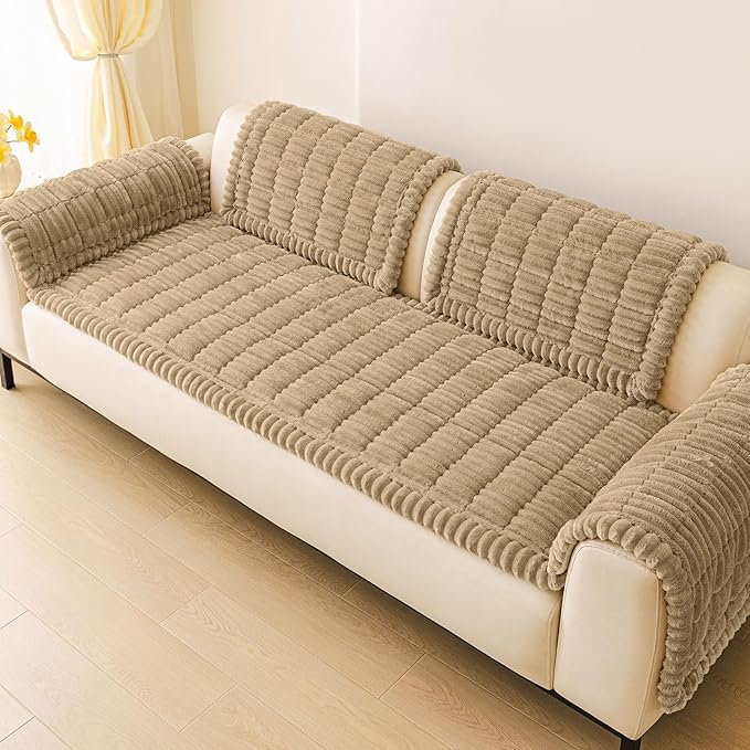 hyha Couch Covers for Dogs Washable, Non Slip Plush Dog Sofa Protectors, Fuzzy Pet Couch Covers for 3 Cushion Sofa Pet Friendly (Khaki, 27.6" x 47")