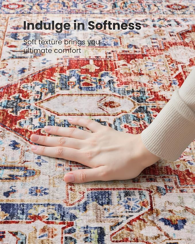 AMADA HOMEFURNISHING 9x12 Washable Area Rug, Low-Profile Large Area Rug with Non-Slip Backing & Durable Edge Binding, Vintage Large Rugs for Living Room, Bedroom & Dinning Room